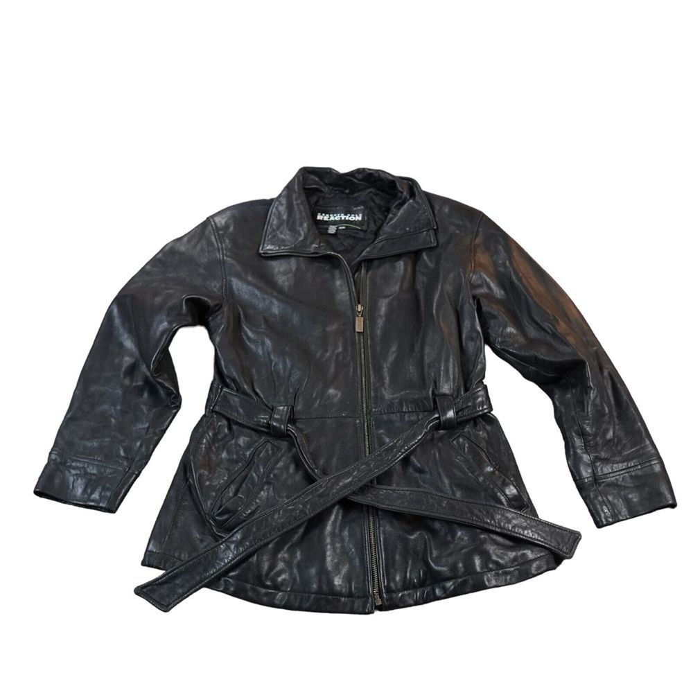 Kenneth Cole‎ Woman's Leather Jacket Medium Black Belted Soft Leather Reaction